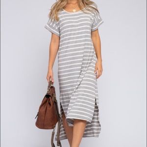 Cuffed Sleeve Grey Striped Slit Maxi Dress